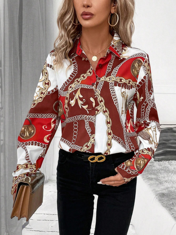 Poliestera krekls ar ķēdes rakstu, garas piedurknes, krekla apkakle, biroja stils