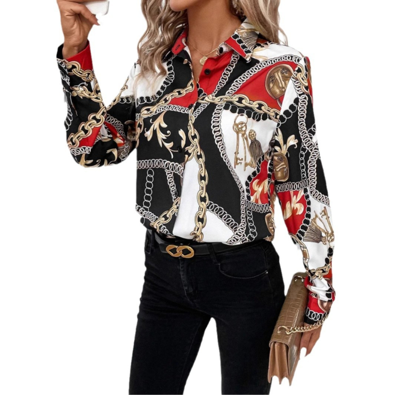 Poliestera krekls ar ķēdes rakstu, garas piedurknes, krekla apkakle, biroja stils