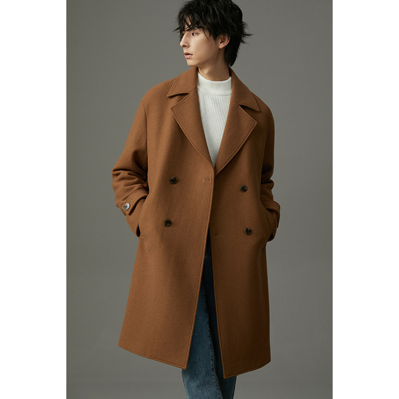 Férfi kettős soros kabát, vastagított, koreai stílus, karcsú szabás, téli 2024