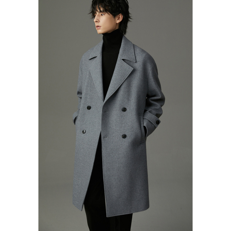 Férfi kettős soros kabát, vastagított, koreai stílus, karcsú szabás, téli 2024