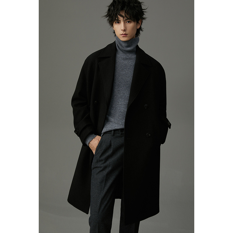 Férfi kettős soros kabát, vastagított, koreai stílus, karcsú szabás, téli 2024