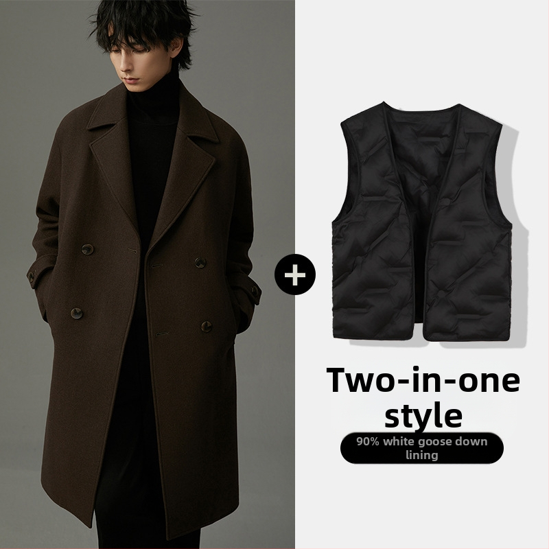 Férfi kettős soros kabát, vastagított, koreai stílus, karcsú szabás, téli 2024