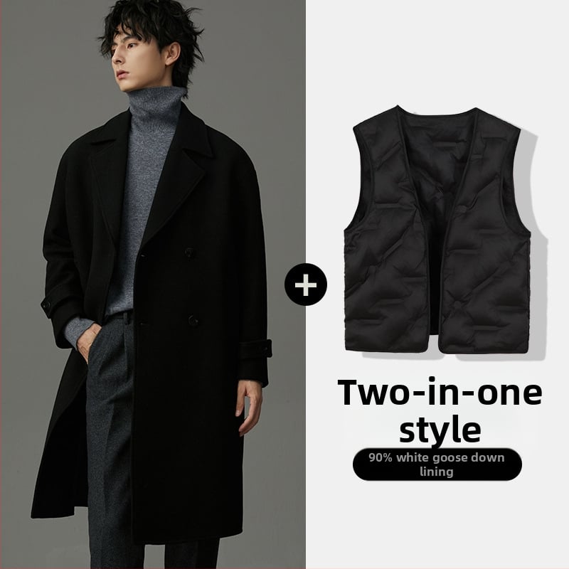 Férfi kettős soros kabát, vastagított, koreai stílus, karcsú szabás, téli 2024
