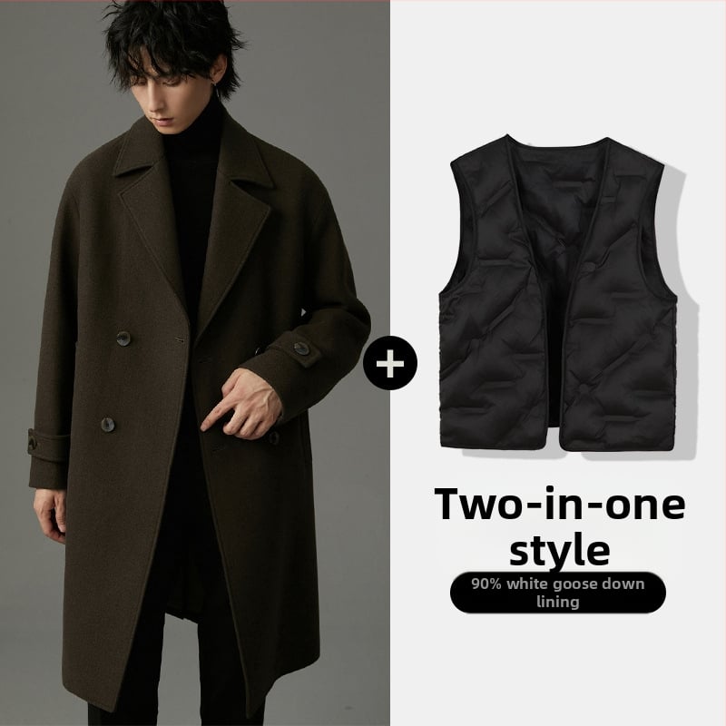 Férfi kettős soros kabát, vastagított, koreai stílus, karcsú szabás, téli 2024
