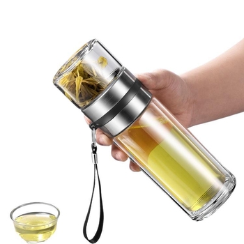 Čajna šalica s filtracijom vode i čaja, prijenosna, dvostruko borosilikatno staklo, cilindričnog oblika, uzorak ledenjaka