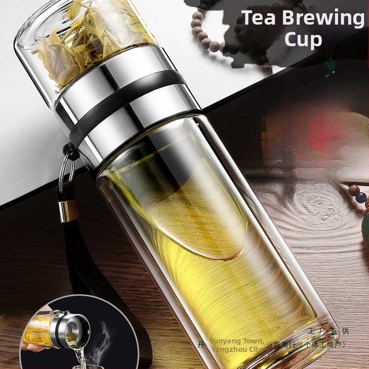 Čajna šalica s filtracijom vode i čaja, prijenosna, dvostruko borosilikatno staklo, cilindričnog oblika, uzorak ledenjaka