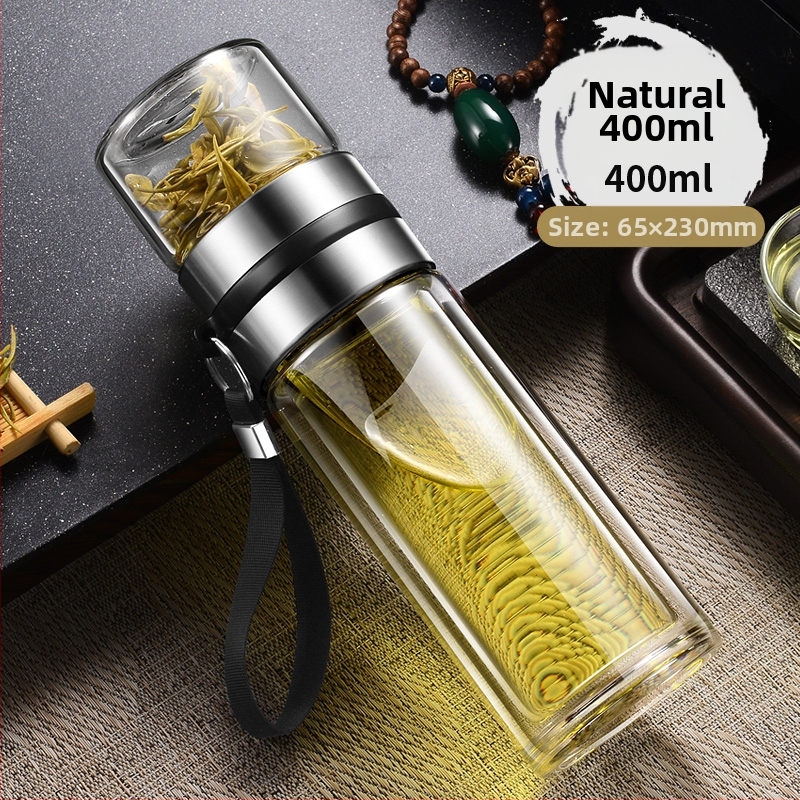 Čajna šalica s filtracijom vode i čaja, prijenosna, dvostruko borosilikatno staklo, cilindričnog oblika, uzorak ledenjaka