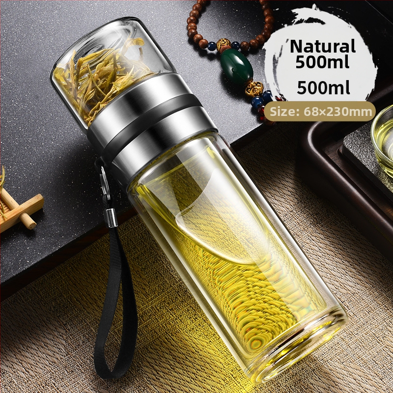 Čajna šalica s filtracijom vode i čaja, prijenosna, dvostruko borosilikatno staklo, cilindričnog oblika, uzorak ledenjaka