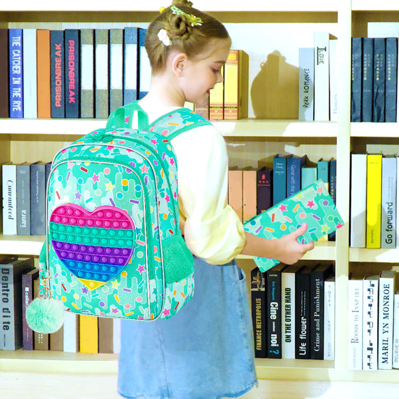 Bērnu skolas mugursoma, viegla, anime cartoon raksts, bērniem draudzīgs stil, izliektas plecu siksnas, elpojošs materiāls, poliestera pamatne, preces kods 16 toy ice cream hearts