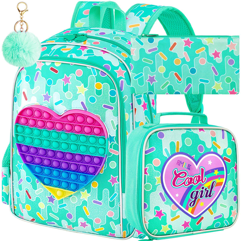 Bērnu skolas mugursoma, viegla, anime cartoon raksts, bērniem draudzīgs stil, izliektas plecu siksnas, elpojošs materiāls, poliestera pamatne, preces kods 16 toy ice cream hearts