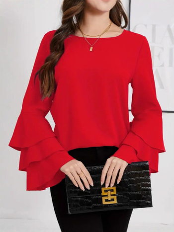 Krekli ar apļveida kaklu, garas piedurknes, trīs slāņu volāna piedurknēs, poliestera audums, vidēja garuma