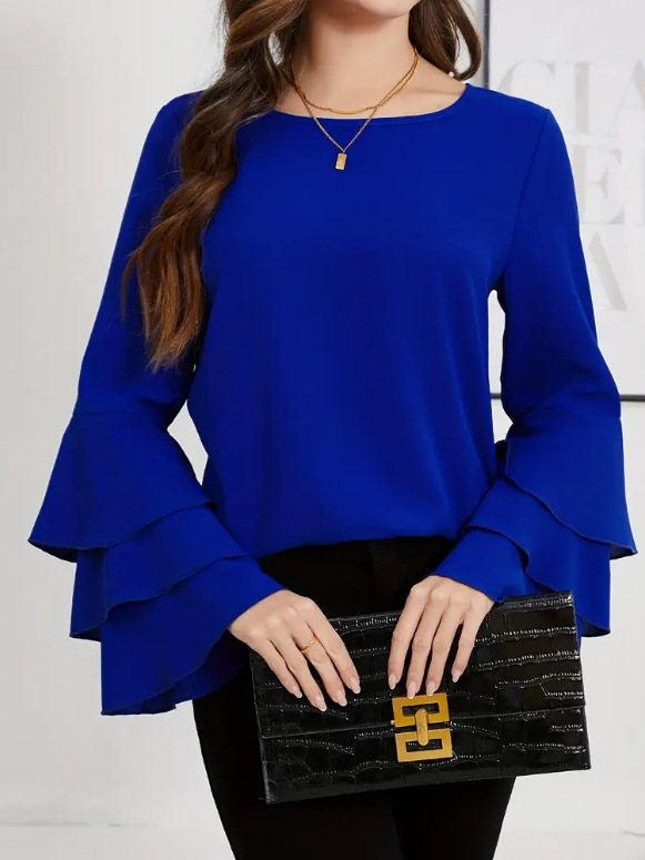 Krekli ar apļveida kaklu, garas piedurknes, trīs slāņu volāna piedurknēs, poliestera audums, vidēja garuma