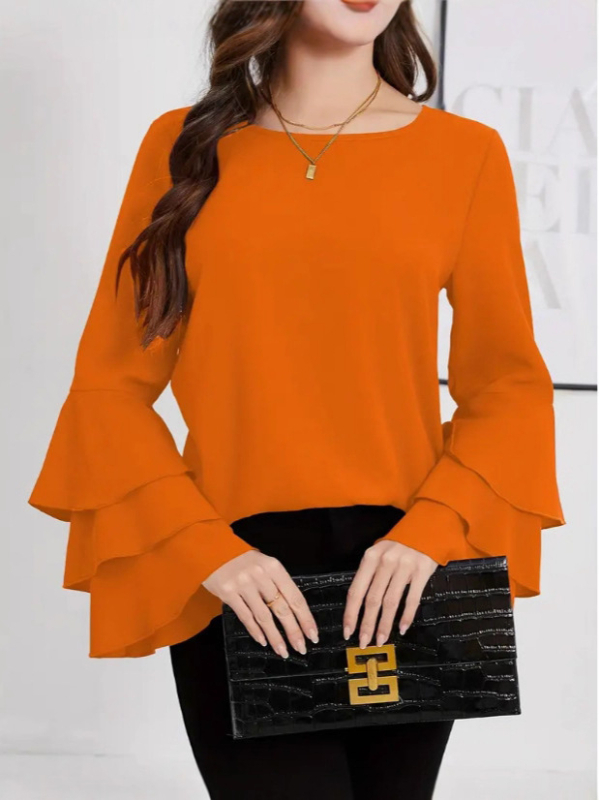 Krekli ar apļveida kaklu, garas piedurknes, trīs slāņu volāna piedurknēs, poliestera audums, vidēja garuma