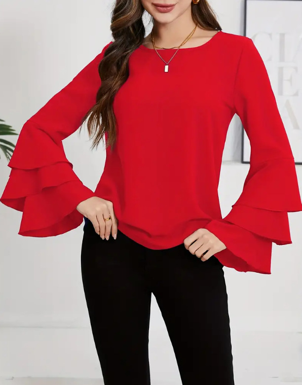 Krekli ar apļveida kaklu, garas piedurknes, trīs slāņu volāna piedurknēs, poliestera audums, vidēja garuma