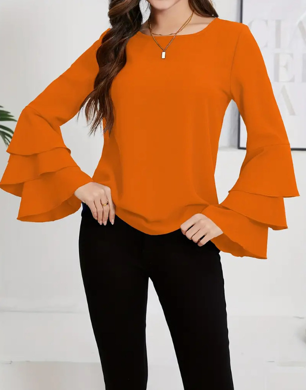 Krekli ar apļveida kaklu, garas piedurknes, trīs slāņu volāna piedurknēs, poliestera audums, vidēja garuma