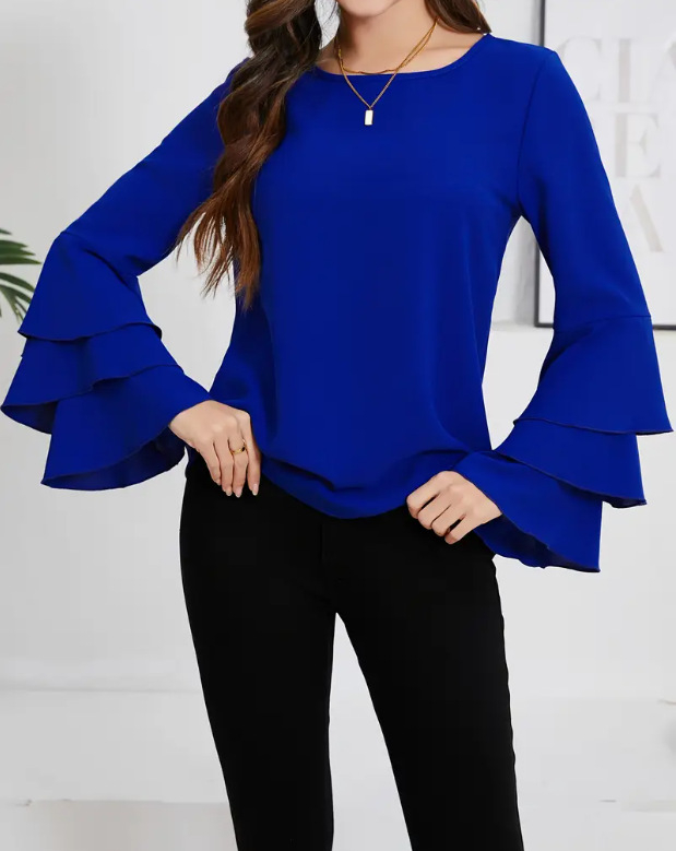 Krekli ar apļveida kaklu, garas piedurknes, trīs slāņu volāna piedurknēs, poliestera audums, vidēja garuma