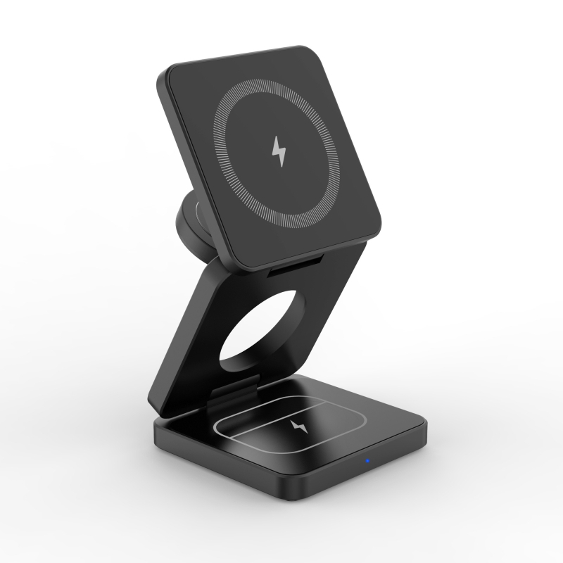 3-in-1 magnētiskais bezvadu uzlādes lādētājs, salokāms, maksimālais jaudas izvads 15W, 9V/2A izvade, QC3.0, iPhone, AirPods un Apple Watch