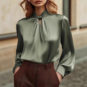 Poliesterblūze, garas piedurknes, ar stāvā apkakle, brīva piegriezuma