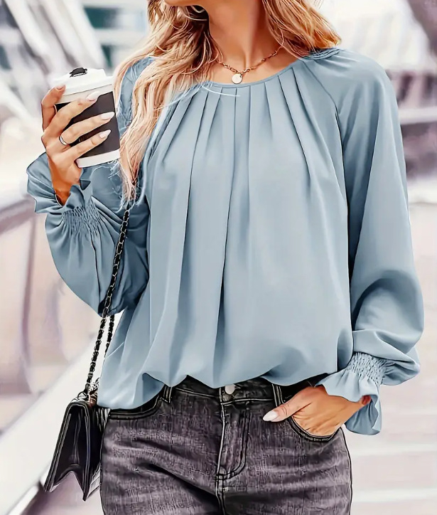 Cămașă cu model 3D, guler polo, mâneci de tip prințesă, lungime medie-lungă, 90-95% poliester