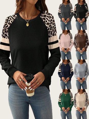 Ženski pulover s leopard printom i blokom boja, okrugli izrez, dugi rukavi, srednja duljina, mješavina poliestera i spandexa