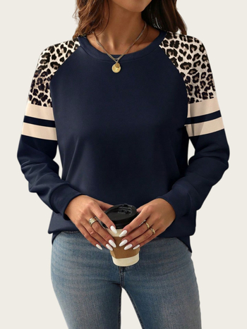 Ženski pulover s leopard printom i blokom boja, okrugli izrez, dugi rukavi, srednja duljina, mješavina poliestera i spandexa