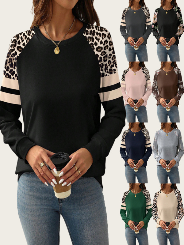 Ženski pulover s leopard printom i blokom boja, okrugli izrez, dugi rukavi, srednja duljina, mješavina poliestera i spandexa