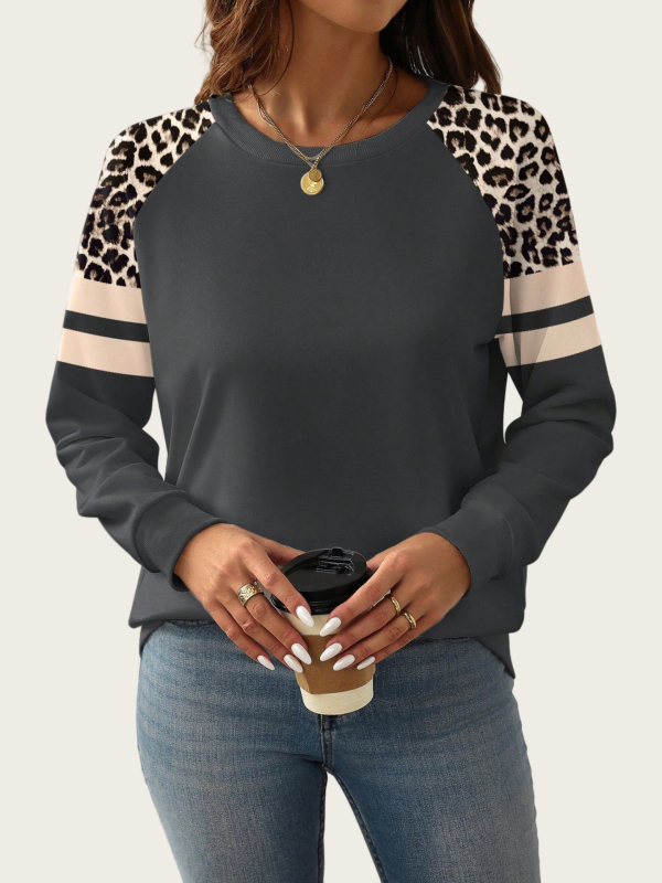 Ženski pulover s leopard printom i blokom boja, okrugli izrez, dugi rukavi, srednja duljina, mješavina poliestera i spandexa