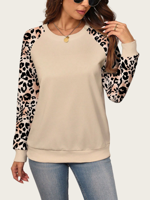 Ženski pulover s leopard printom i blokom boja, okrugli izrez, dugi rukavi, srednja duljina, mješavina poliestera i spandexa