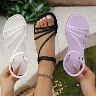 Γυναικεία σανδάλια με σταυρωτά λουράκια, PU επάνω μέρος, καουτσούκ σόλα, casual στυλ, στρογγυλό δάχτυλο