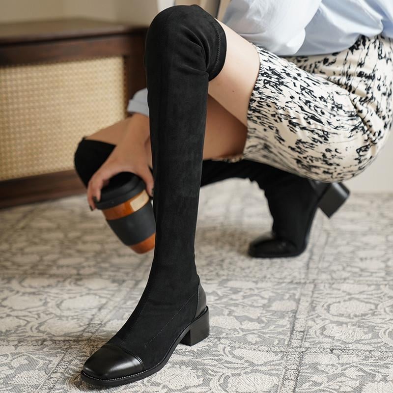 Čizme iznad koljena, velur gornji dio, četvrtasti vrh, chunky peta 3–5 cm, gumeni potplat