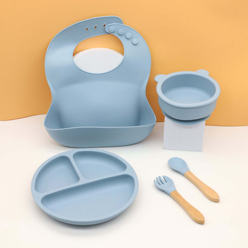 5-dijelni silikonski set za bebe: zdjela, tanjur s tri odjeljka, žlica, vilica i podbradnik, za bebe od 6 mjeseci