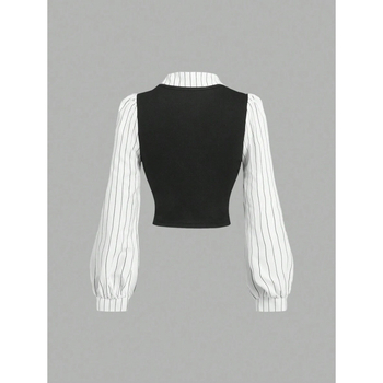 Dviejų dalių lino palaidinė komplektas, dryžuotas raštas, platus apykaklė, keturių krypčių tempimas