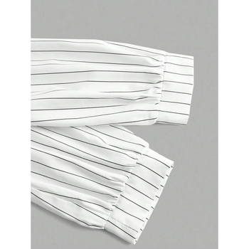 Dviejų dalių lino palaidinė komplektas, dryžuotas raštas, platus apykaklė, keturių krypčių tempimas