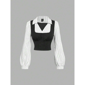 Dviejų dalių lino palaidinė komplektas, dryžuotas raštas, platus apykaklė, keturių krypčių tempimas