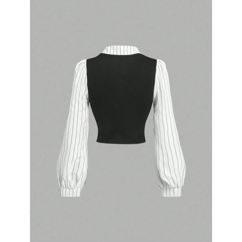 Dviejų dalių lino palaidinė komplektas, dryžuotas raštas, platus apykaklė, keturių krypčių tempimas