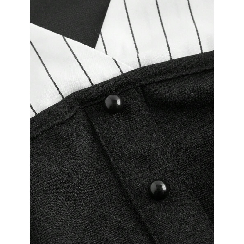 Dviejų dalių lino palaidinė komplektas, dryžuotas raštas, platus apykaklė, keturių krypčių tempimas