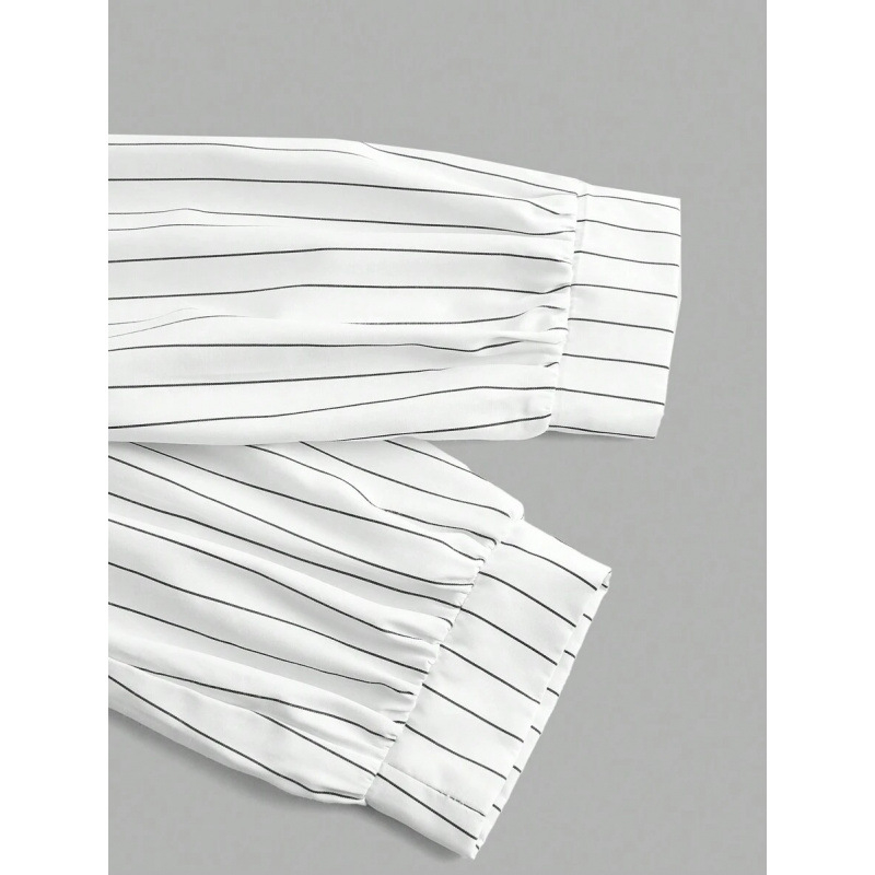 Dviejų dalių lino palaidinė komplektas, dryžuotas raštas, platus apykaklė, keturių krypčių tempimas