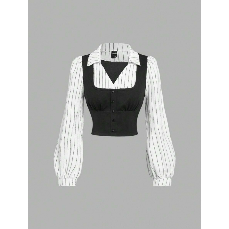 Dviejų dalių lino palaidinė komplektas, dryžuotas raštas, platus apykaklė, keturių krypčių tempimas