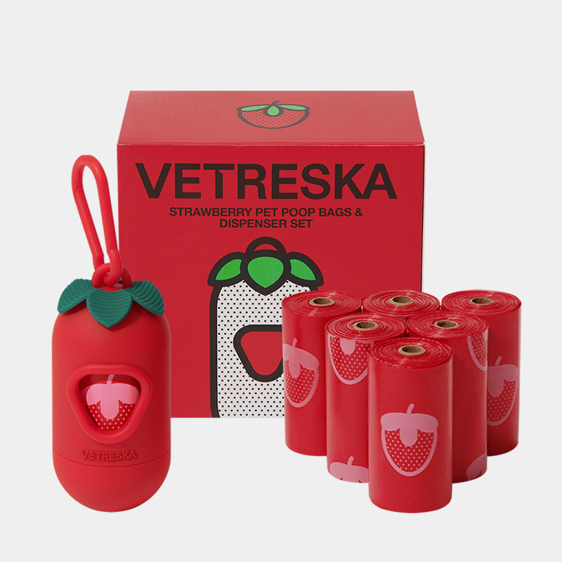 Set de pungi pentru adunarea materiilor fecale, design capsulă de căpșună, îngroșat, portabil, pentru drumeții în aer liber și plimbări cu câinii