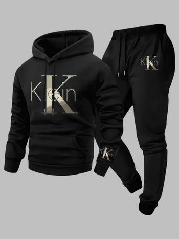 Dvodijelni set hoodie-a s tiskom, poliester 96%+, kapuljača s vezicama, okrugli izrez, dugi rukavi