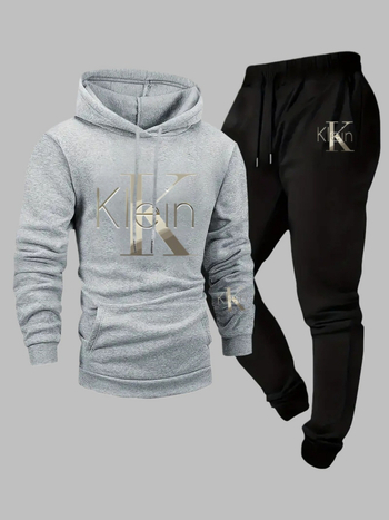 Dvodijelni set hoodie-a s tiskom, poliester 96%+, kapuljača s vezicama, okrugli izrez, dugi rukavi