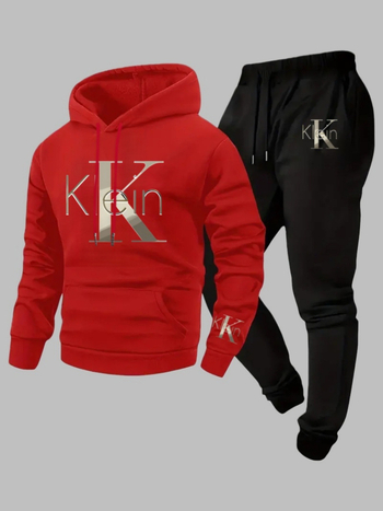 Dvodijelni set hoodie-a s tiskom, poliester 96%+, kapuljača s vezicama, okrugli izrez, dugi rukavi