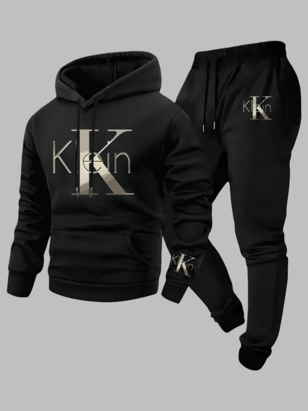 Dvodijelni set hoodie-a s tiskom, poliester 96%+, kapuljača s vezicama, okrugli izrez, dugi rukavi