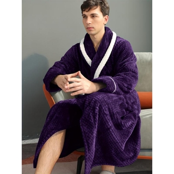 Muški dugi kaftan s ovratnikom šal, debeli karirani uzorak, fleece na pola, sadržaj pamuka ispod 30%, proljeće 2025