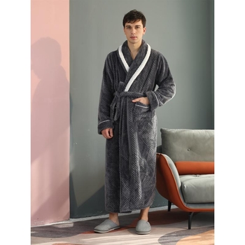 Muški dugi kaftan s ovratnikom šal, debeli karirani uzorak, fleece na pola, sadržaj pamuka ispod 30%, proljeće 2025