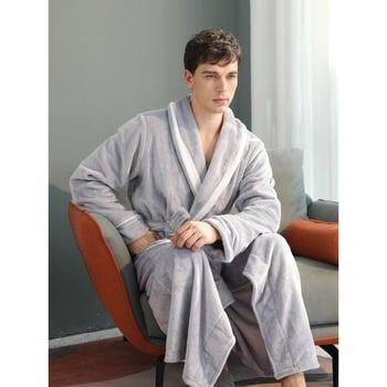 Muški dugi kaftan s ovratnikom šal, debeli karirani uzorak, fleece na pola, sadržaj pamuka ispod 30%, proljeće 2025