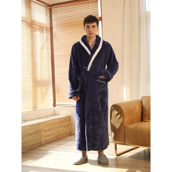 Muški dugi kaftan s ovratnikom šal, debeli karirani uzorak, fleece na pola, sadržaj pamuka ispod 30%, proljeće 2025