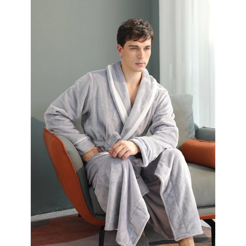 Muški dugi kaftan s ovratnikom šal, debeli karirani uzorak, fleece na pola, sadržaj pamuka ispod 30%, proljeće 2025