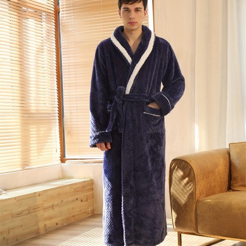 Muški dugi kaftan s ovratnikom šal, debeli karirani uzorak, fleece na pola, sadržaj pamuka ispod 30%, proljeće 2025