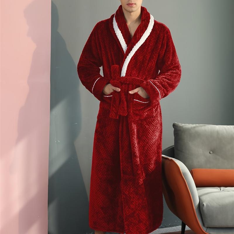 Muški dugi kaftan s ovratnikom šal, debeli karirani uzorak, fleece na pola, sadržaj pamuka ispod 30%, proljeće 2025